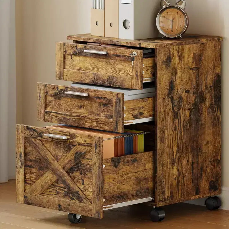 Aktenschrank mit 3 Schubladen und Schloss, mobiler Rollcontainer für unter den Schreibtisch, Aufbewahrungsschrank aus Holz