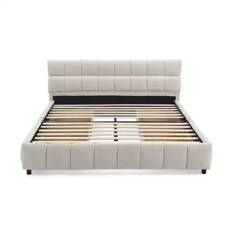 Cama tapizada tamaño queen con cabecera de tela de chenilla y estructura sólida con cajón para dormitorio, beige