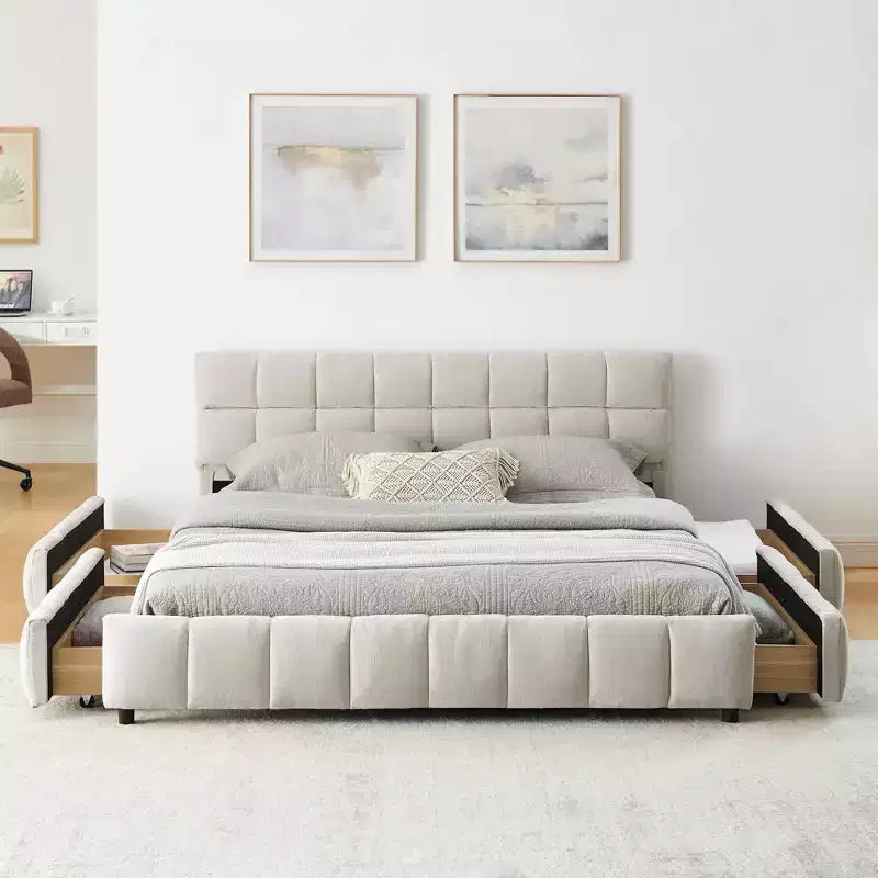 Polsterbett in Queen-Size mit Kopfteil aus Chenille, stabilem Bettrahmen und Schublade, für Schlafzimmer, Beige