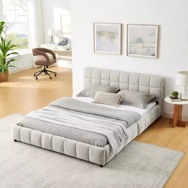 Cama tapizada tamaño queen con cabecera de tela de chenilla y estructura sólida con cajón para dormitorio, beige