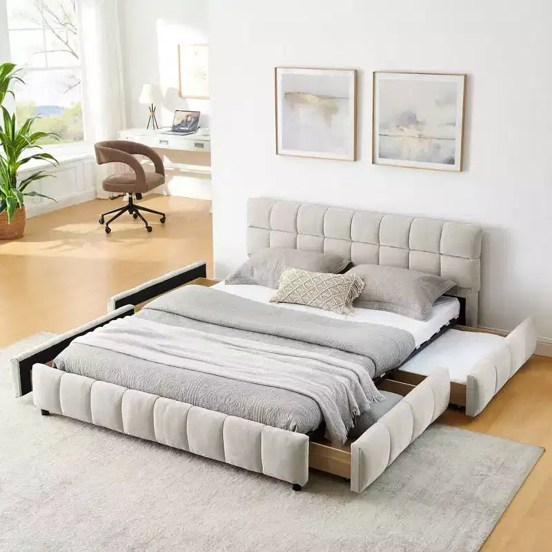 Polsterbett in Queen-Size mit Kopfteil aus Chenille, stabilem Bettrahmen und Schublade, für Schlafzimmer, Beige