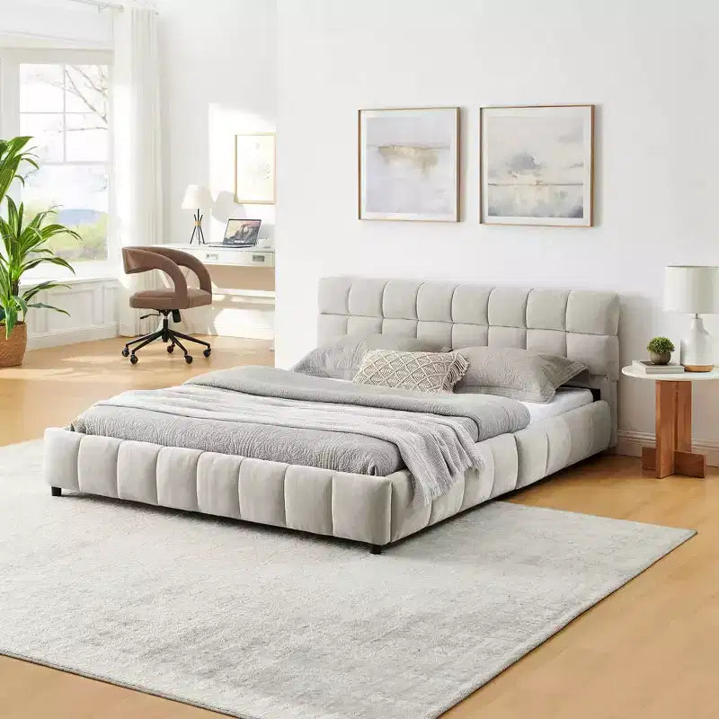 Polsterbett in Queen-Size mit Kopfteil aus Chenille, stabilem Bettrahmen und Schublade, für Schlafzimmer, Beige