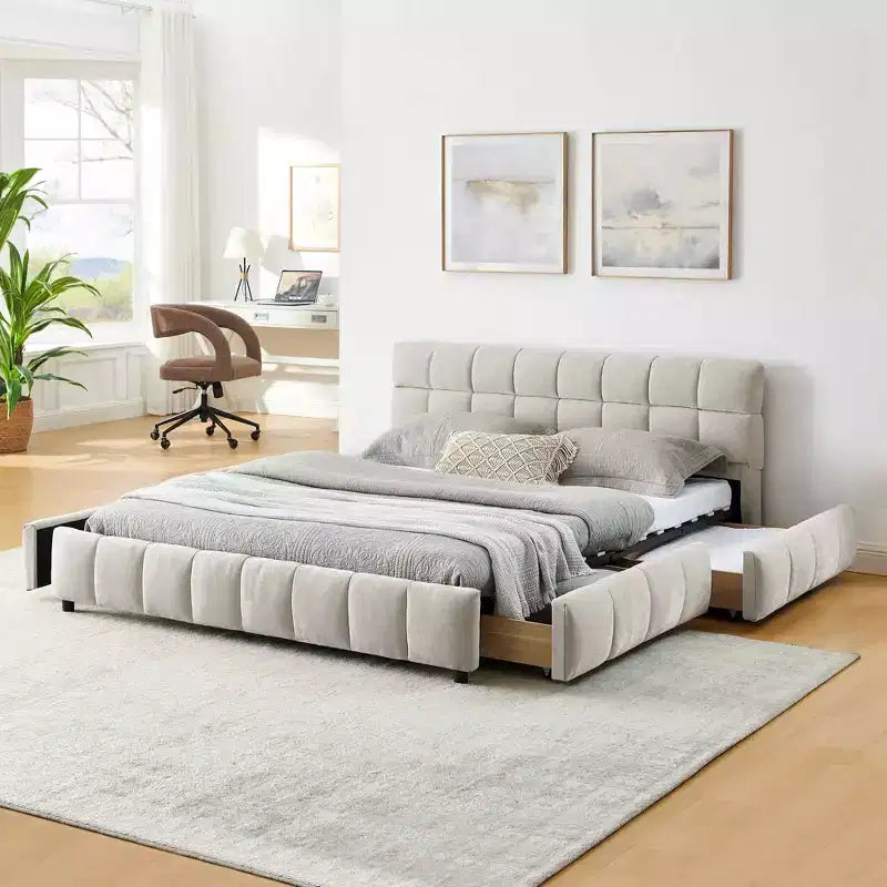 Cama tapizada tamaño queen con cabecera de tela de chenilla y estructura sólida con cajón para dormitorio, beige