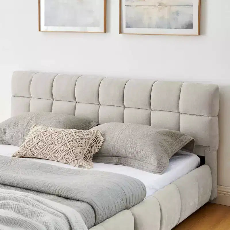Cama tapizada tamaño queen con cabecera de tela de chenilla y estructura sólida con cajón para dormitorio, beige
