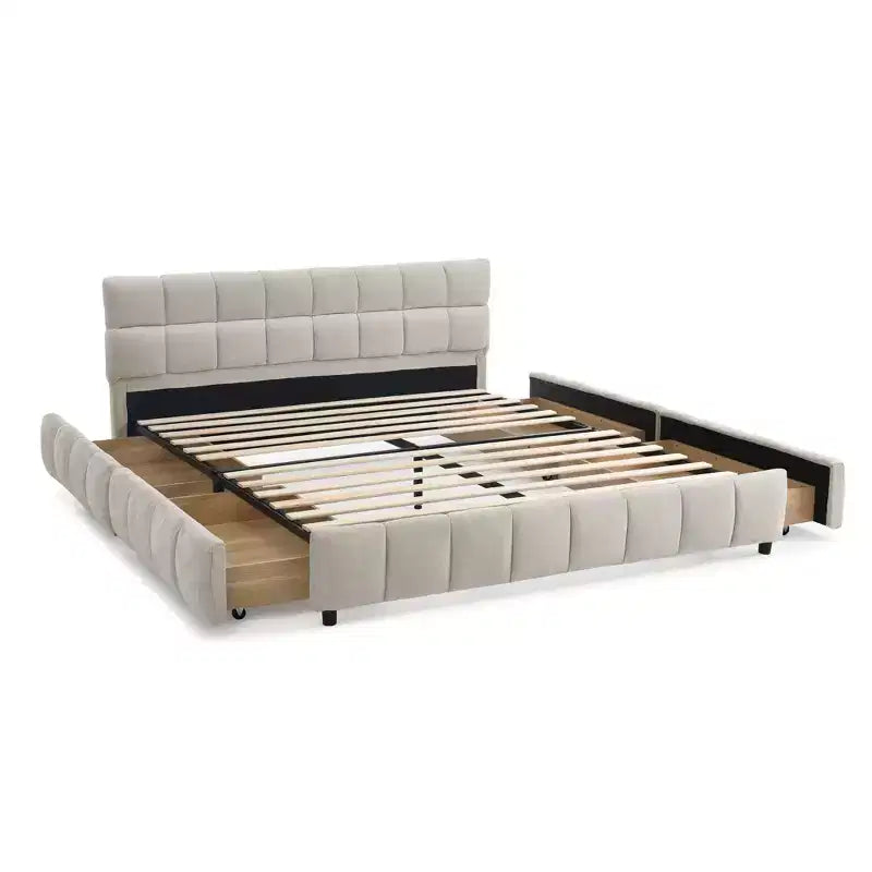 Cama tapizada tamaño queen con cabecera de tela de chenilla y estructura sólida con cajón para dormitorio, beige