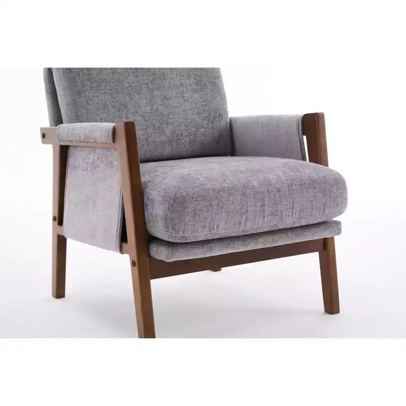Akzentstuhl im Mid-Century-Modern-Stil mit Chenillebezug, Holz-Loungesessel mit Armlehnen, einzelner Sofasessel für Wohnzimmer und Schlafzimmer