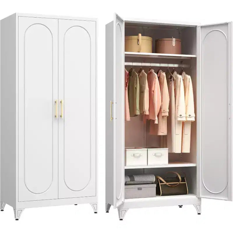 Freistehender Kleiderschrank aus Metall, 71 Inch hoch, mit Türen, Einlegeböden und Kleiderstange