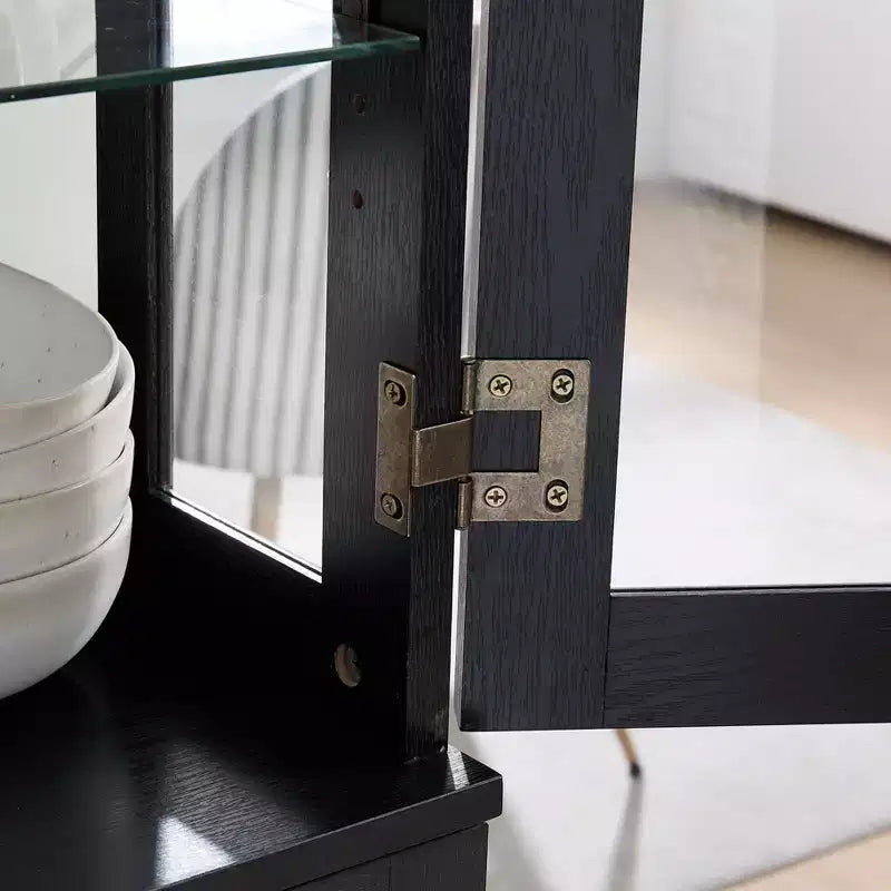 Vitrina librería antigua de 69, MDF negro y vidrio, 4 puertas, estantes ajustables, bombilla E26