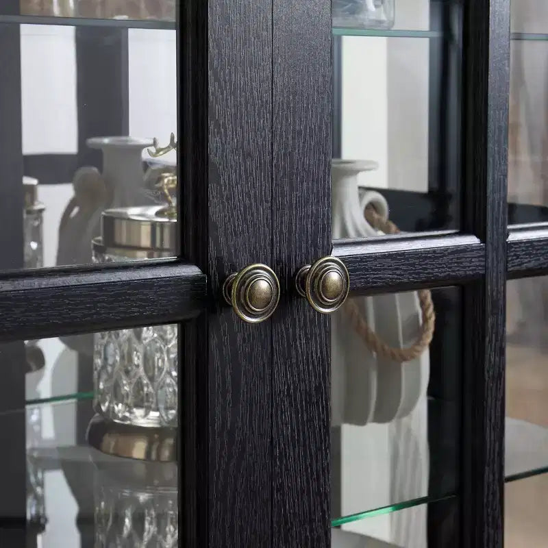 Vitrina librería antigua de 69, MDF negro y vidrio, 4 puertas, estantes ajustables, bombilla E26