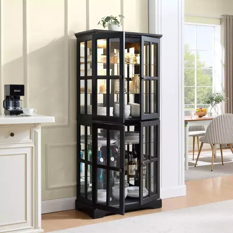 Bibliothèque vitrée d’antiquaire de 69, en MDF noir et verre, 4 portes, étagères réglables, ampoule E26