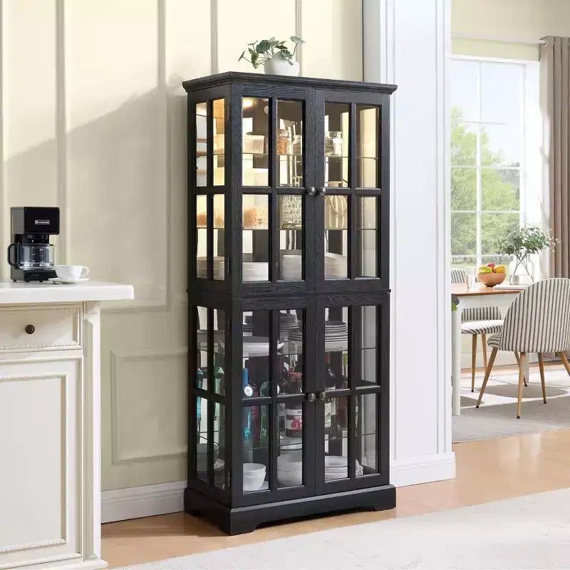 Vitrina librería antigua de 69, MDF negro y vidrio, 4 puertas, estantes ajustables, bombilla E26
