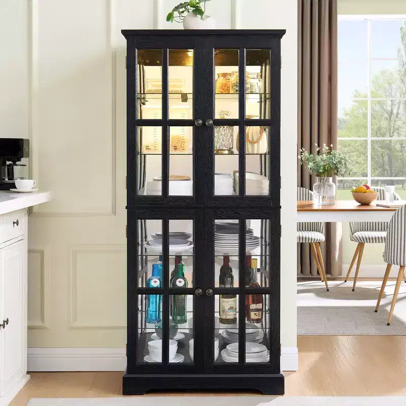 Vitrina librería antigua de 69, MDF negro y vidrio, 4 puertas, estantes ajustables, bombilla E26
