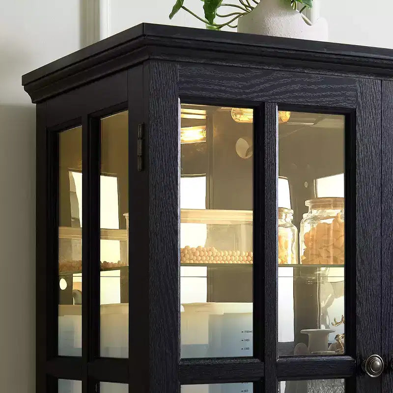 Vitrina librería antigua de 69, MDF negro y vidrio, 4 puertas, estantes ajustables, bombilla E26