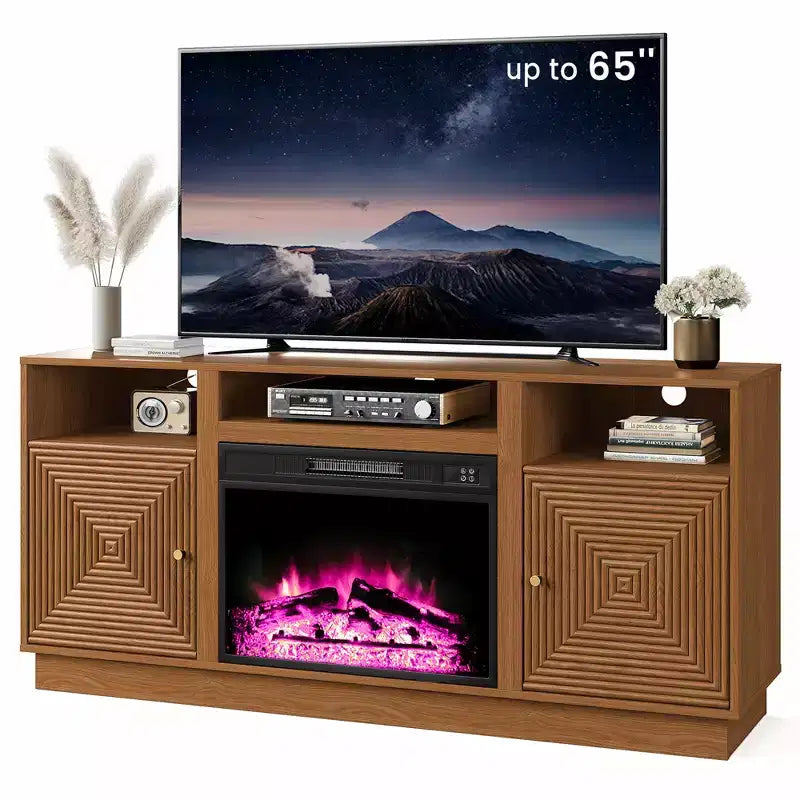 Meuble TV avec cheminée de 59'' pour téléviseurs jusqu’à 65'', avec rangement et étagères réglables