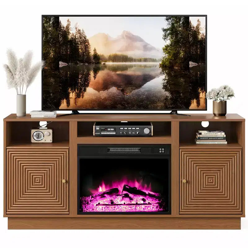 Meuble TV avec cheminée de 59'' pour téléviseurs jusqu’à 65'', avec rangement et étagères réglables