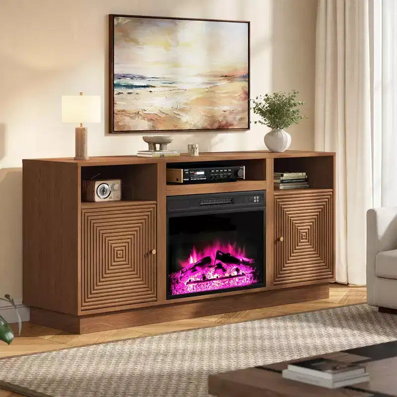 Meuble TV avec cheminée de 59'' pour téléviseurs jusqu’à 65'', avec rangement et étagères réglables