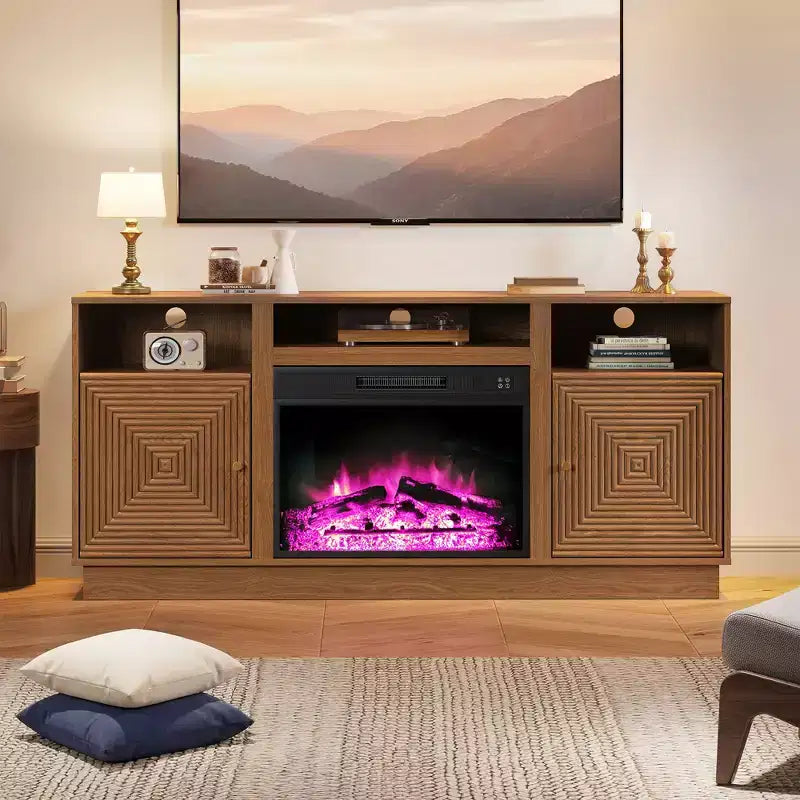 Meuble TV avec cheminée de 59'' pour téléviseurs jusqu’à 65'', avec rangement et étagères réglables