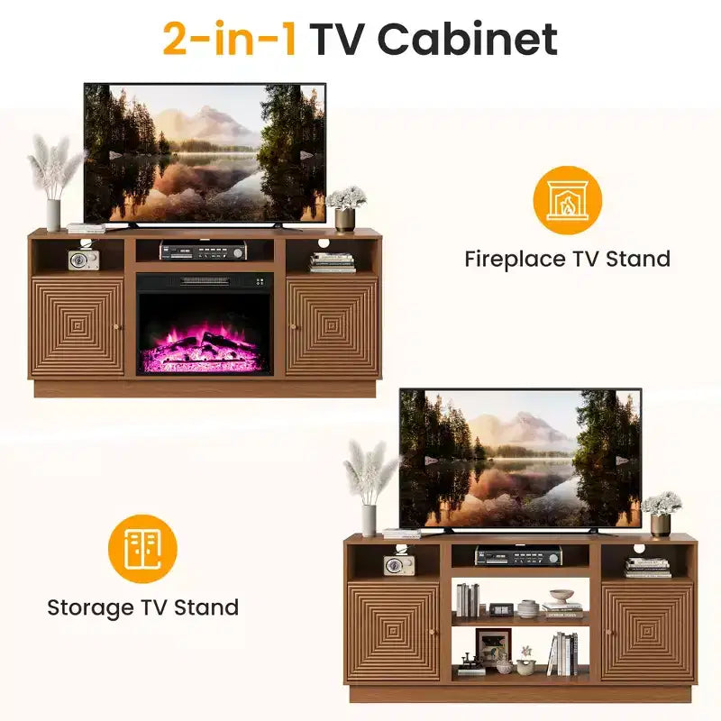 Meuble TV avec cheminée de 59'' pour téléviseurs jusqu’à 65'', avec rangement et étagères réglables