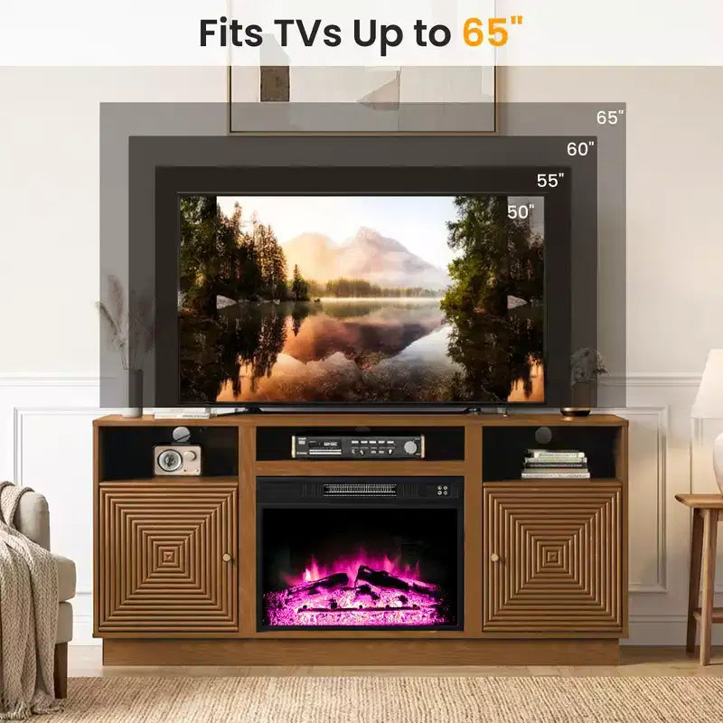 Meuble TV avec cheminée de 59'' pour téléviseurs jusqu’à 65'', avec rangement et étagères réglables