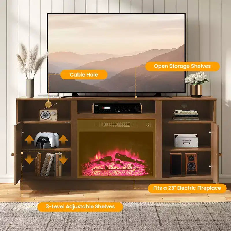 Meuble TV avec cheminée de 59'' pour téléviseurs jusqu’à 65'', avec rangement et étagères réglables