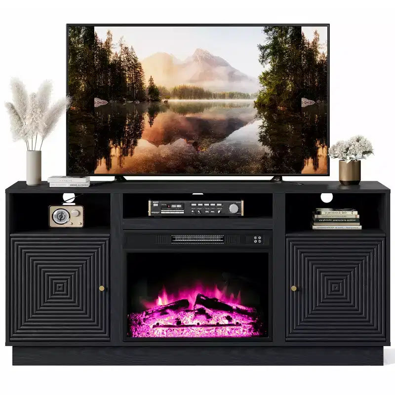 Meuble TV avec cheminée de 59'' pour téléviseurs jusqu’à 65'', avec rangement et étagères réglables
