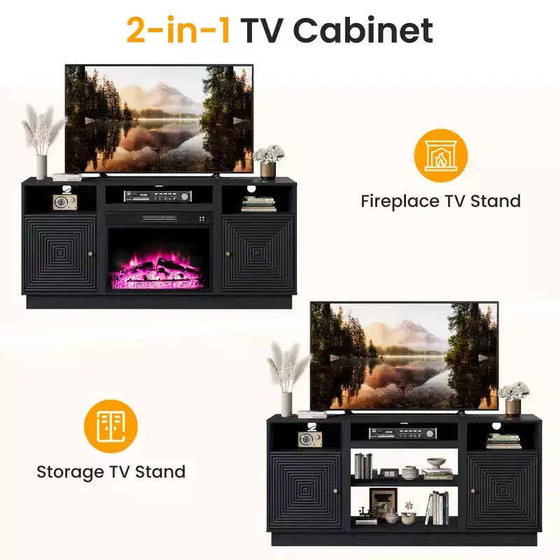 Meuble TV avec cheminée de 59'' pour téléviseurs jusqu’à 65'', avec rangement et étagères réglables