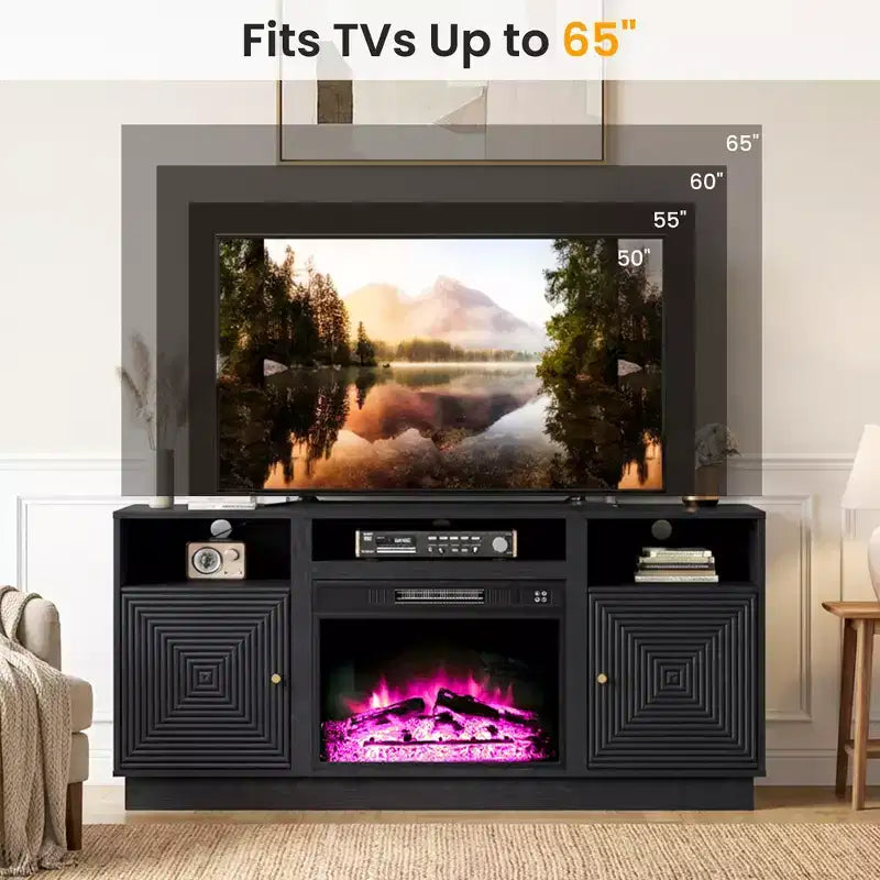 Meuble TV avec cheminée de 59'' pour téléviseurs jusqu’à 65'', avec rangement et étagères réglables