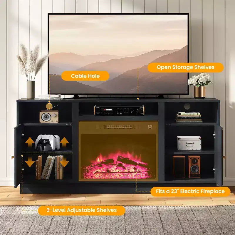 Meuble TV avec cheminée de 59'' pour téléviseurs jusqu’à 65'', avec rangement et étagères réglables