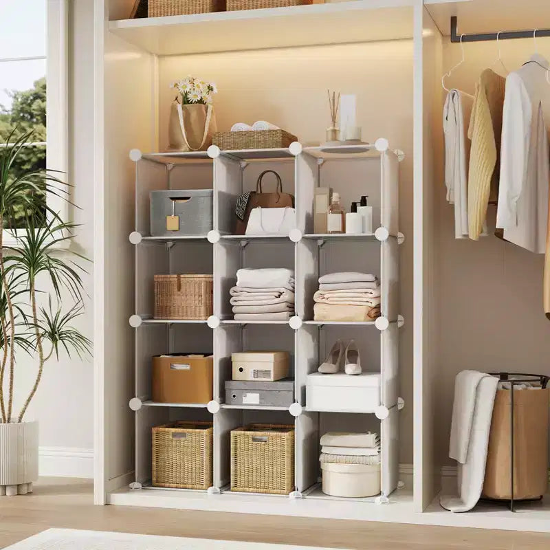 PVC-Aufbewahrungsregal mit 12 Fächern, vielseitiger Schrank mit stapelbarem Design fürs Homeoffice, Weiß