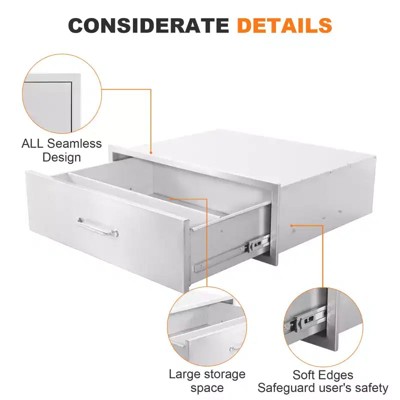 30x23x10 Outdoor-Küchenschublade, BBQ-Schublade aus Edelstahl mit flächenbündigem Einbau, Silber