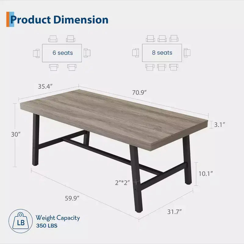 Table de salle à manger industrielle de 70.87 pour 6-8 personnes, longue table de cuisine en bois avec cadre métallique robuste et finition noire, table rectangulaire pour 6 personnes