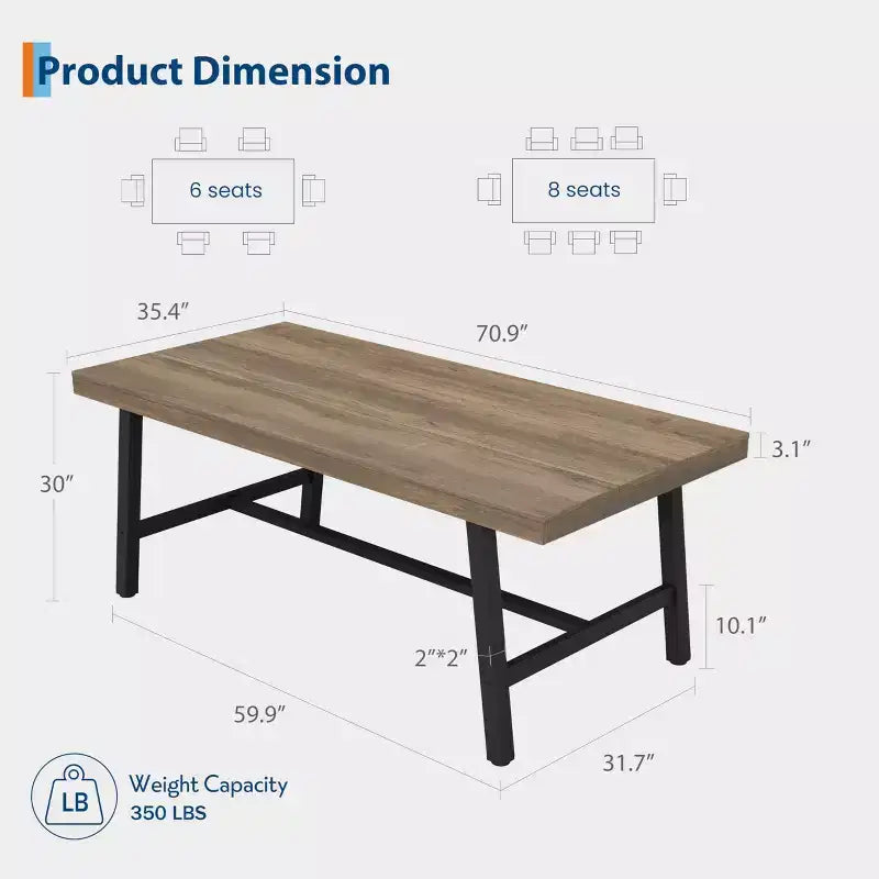 Table de salle à manger industrielle de 70.87 pour 6-8 personnes, longue table de cuisine en bois avec cadre métallique robuste et finition noire, table rectangulaire pour 6 personnes