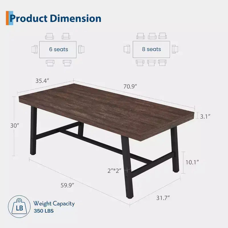 Table de salle à manger industrielle de 70.87 pour 6-8 personnes, longue table de cuisine en bois avec cadre métallique robuste et finition noire, table rectangulaire pour 6 personnes