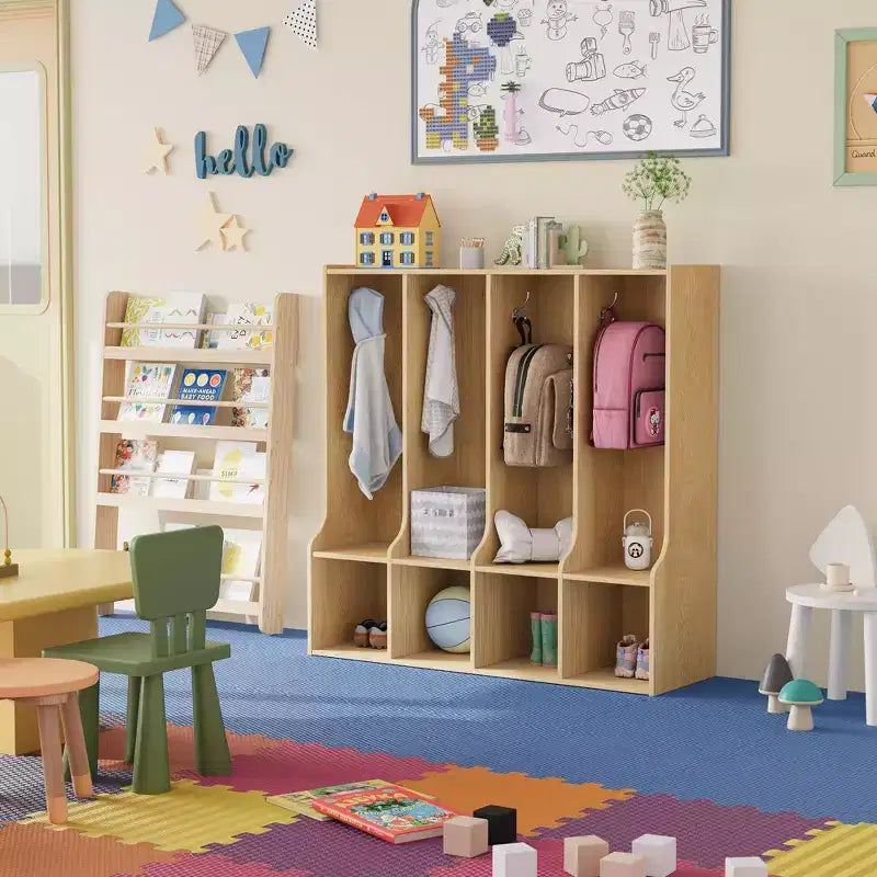 Garderobenschrank für Klassenzimmer mit 4 Fächern, 8 Haken und 4 Ablagefächern, vielseitiger Organizer für Zuhause, Schule, Kinderkrippe und Kindergarten