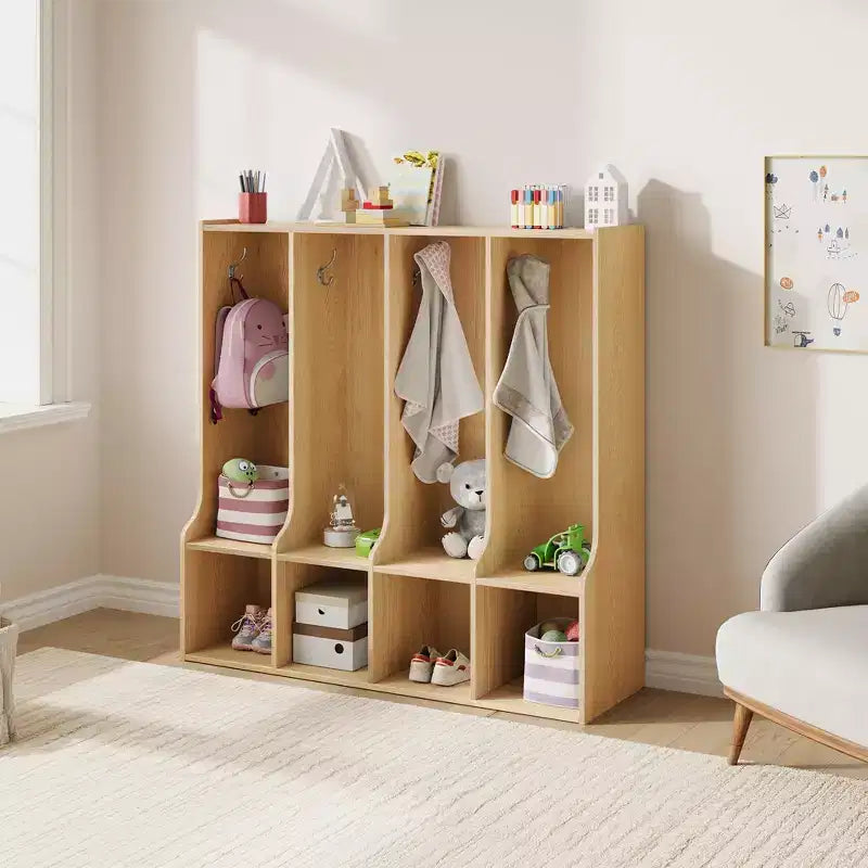Garderobenschrank für Klassenzimmer mit 4 Fächern, 8 Haken und 4 Ablagefächern, vielseitiger Organizer für Zuhause, Schule, Kinderkrippe und Kindergarten