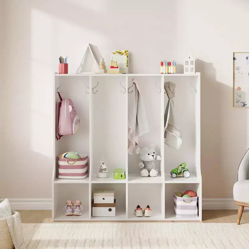 Garderobenschrank für Klassenzimmer mit 4 Fächern, 8 Haken und 4 Ablagefächern, vielseitiger Organizer für Zuhause, Schule, Kinderkrippe und Kindergarten