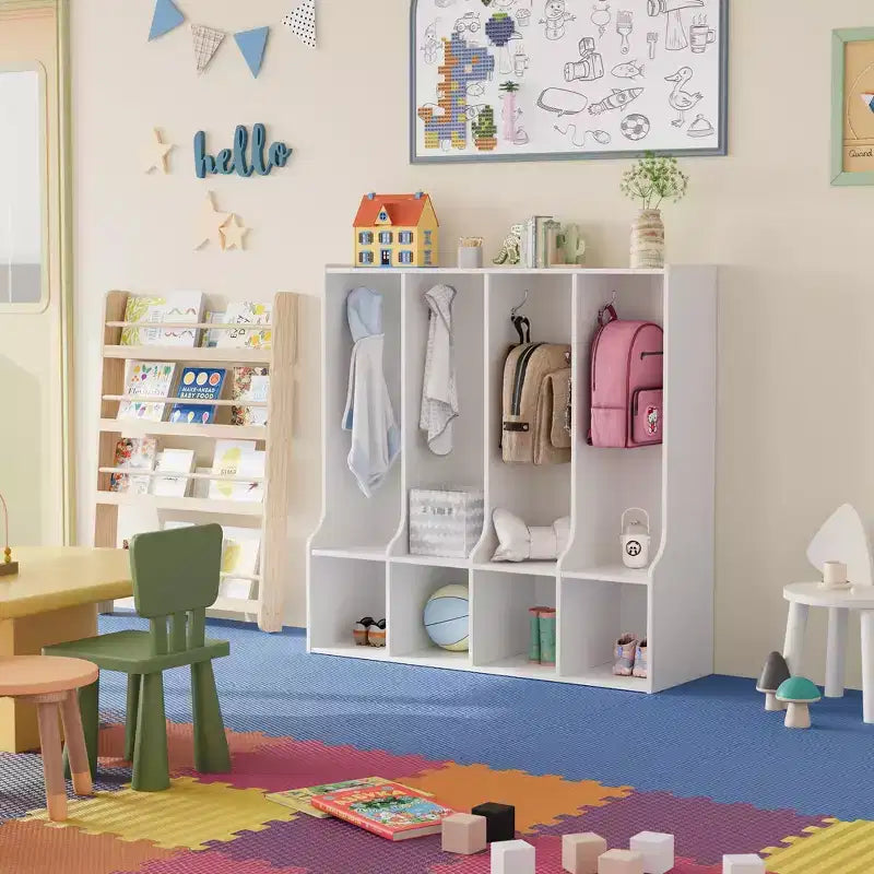 Garderobenschrank für Klassenzimmer mit 4 Fächern, 8 Haken und 4 Ablagefächern, vielseitiger Organizer für Zuhause, Schule, Kinderkrippe und Kindergarten