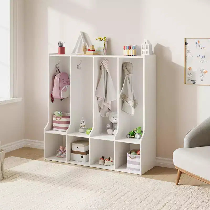 Garderobenschrank für Klassenzimmer mit 4 Fächern, 8 Haken und 4 Ablagefächern, vielseitiger Organizer für Zuhause, Schule, Kinderkrippe und Kindergarten
