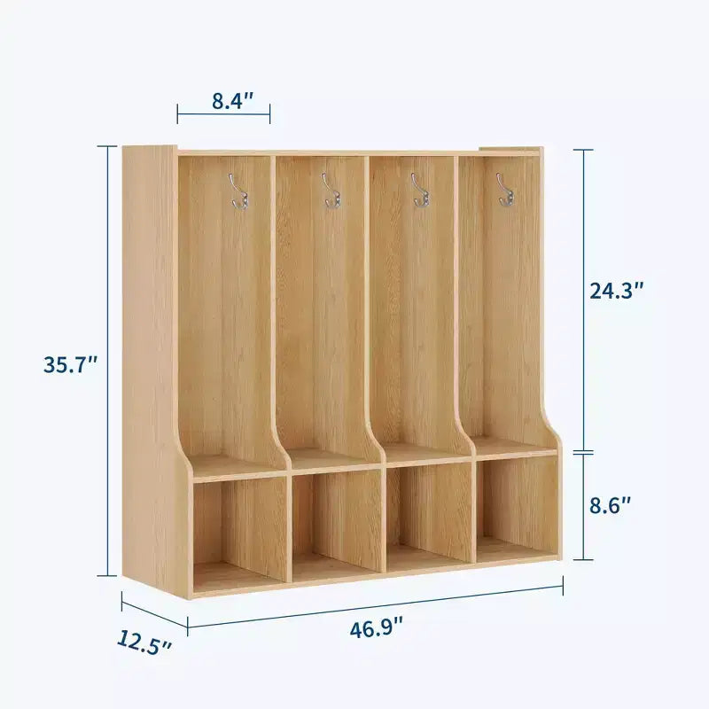 Garderobenschrank für Klassenzimmer mit 4 Fächern, 8 Haken und 4 Ablagefächern, vielseitiger Organizer für Zuhause, Schule, Kinderkrippe und Kindergarten