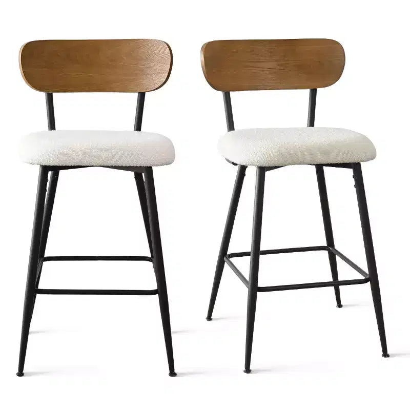 Set aus 2 Barhockern im Mid-Century-Modern-Stil, Küchenstühle mit Sitzhöhe 27, weißem Bouclé-Bezug und Rückenlehne aus Eschenholz