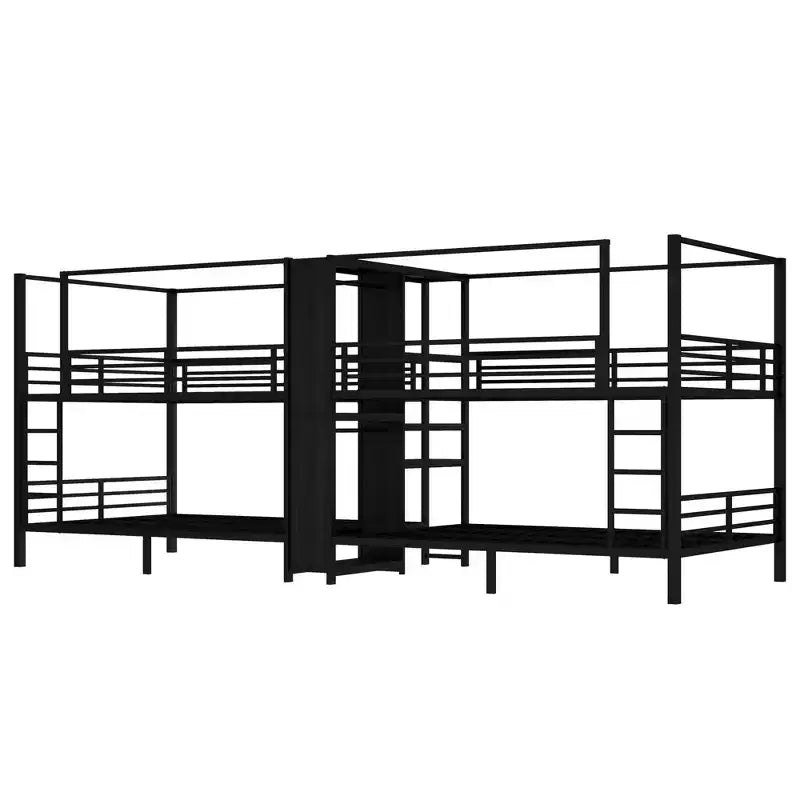 Etagenbett aus Metall für vier PersonenEtagenbett aus Metall für vier Personen mit integrierten Ablagefächern und KleiderschrankStabiler Metallrahmen mit geräuschreduziertem Design