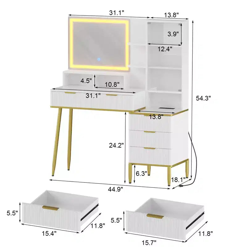 Geriffelter Schminktisch mit Spiegel, Schminktisch mit 5 Schubladen und Einlegeböden, moderner Frisiertisch fürs Schlafzimmer