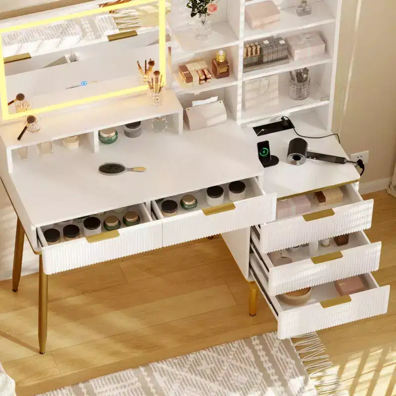 Tocador acanalado con espejo, tocador de maquillaje con 5 cajones y estantes, mesa de arreglo moderna para dormitorio