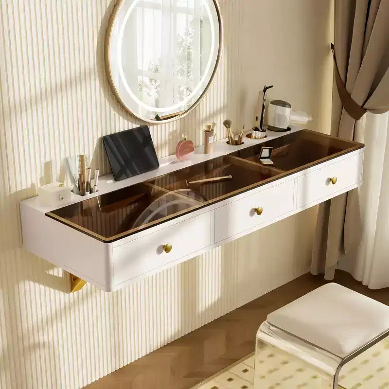 Estante flotante de 47 pulgadas con cajón, tocador multifuncional de pared, escritorio de pared, ideal para dormitorios, beige claro